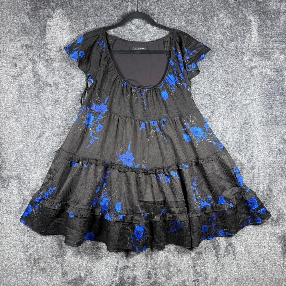Urban Outfitters Blue Floral Tiered Mini Dress Black Crinkle Flutter Sleeve S